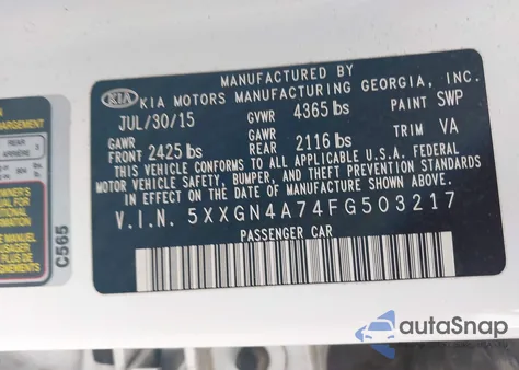 2015 Kia Optima Ex from USA, damaged, VIN 5XXGN4A74FG503217